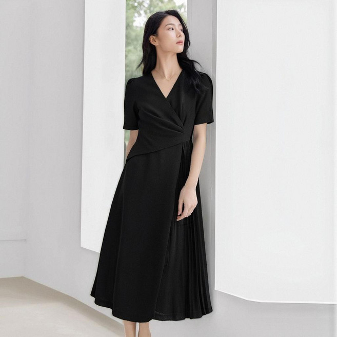 女裝時尚休閒V領連衣裙, 黑色,L（115-130斤）