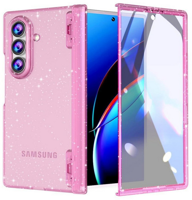 FABSPARK 삼성 갤럭시 Z 폴드 7용 케이스 내장 액정보호필름 경첩 보호 반짝이는 반짝이 크리스탈 클리어 투명 슬림 핏 아크릴 하드 PC 7 케이스 글리터, Samsung Galaxy Z Fold 7, 글리터 핑크