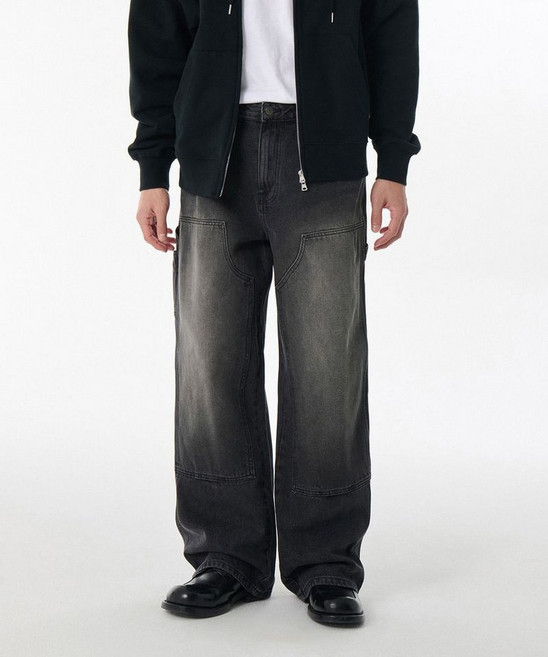 무신사 스탠다드 빅 브러쉬 엑스트라 와이드 더블 니 카펜터 데님 팬츠 블랙 498746
