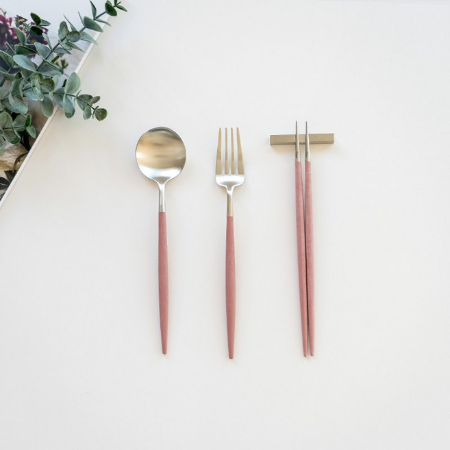 큐티폴고아 로즈 파스타한식 3종세트(실버) 스푼 포크 젓가락, 1개, 로즈실버