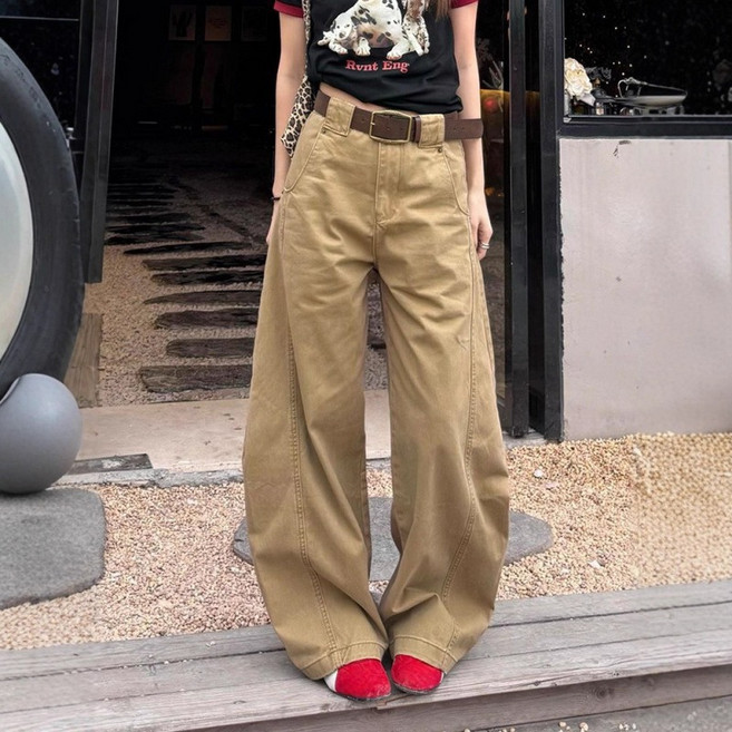 SAHINER 여성 캐주얼 봄가을 하이웨스트 와이드 카고 팬츠 AKZ10