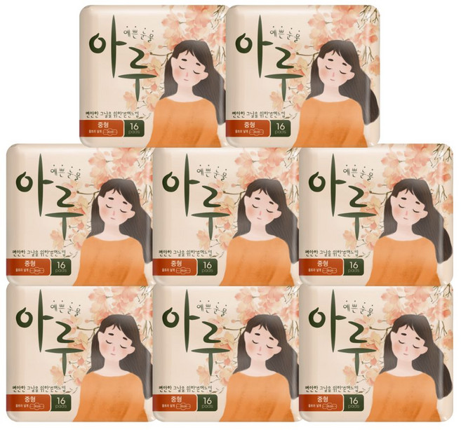 허밍스 아루 순면 생리대 날개형, 8개, 16매, 중형