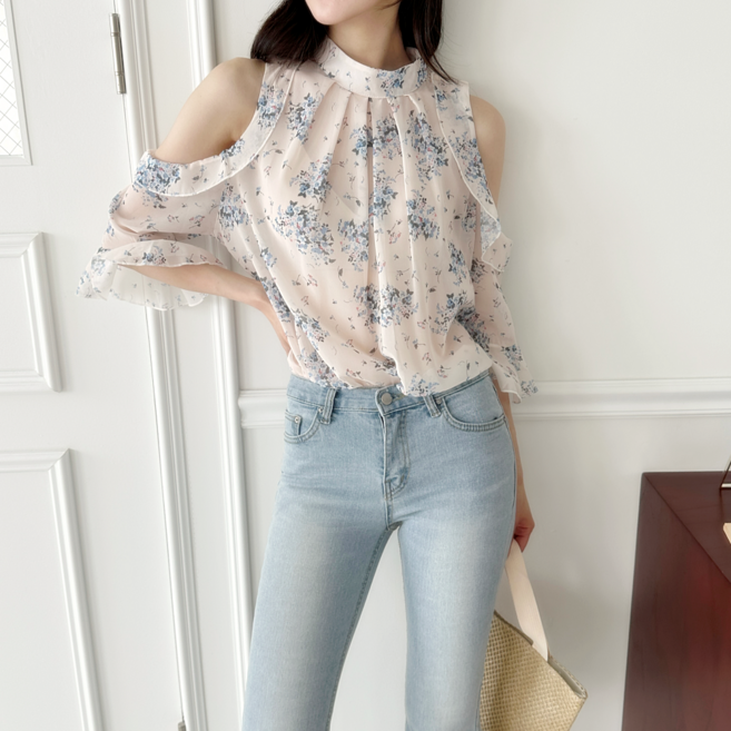 프릴 쉬폰 홀터넥 오프숄더 로맨틱 반팔 여름 블라우스