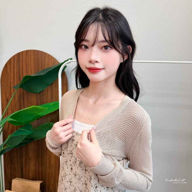 Fwstudio 針織罩衫 長袖短版設計, 杏