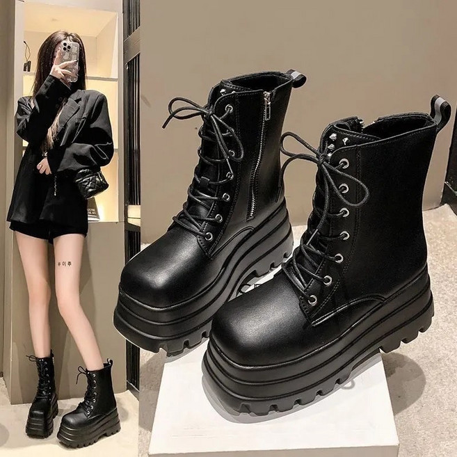 Max admire 時尚女款黑色厚底綁帶軍靴 側拉鍊設計 中筒馬丁靴 英倫風短靴