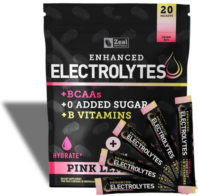 질 자연스러운 강화 전해질 파우더 스틱 팩 (핑크 레모네이드 20개입) 무설탕 + BCAA 비타민 B 핑크 히말라야 소금 케토 수분 공급, Pink Lemonade, 1개