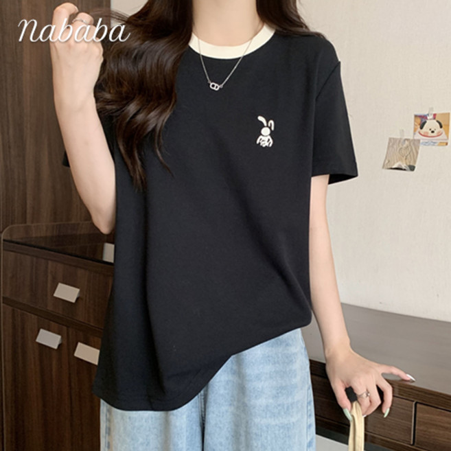나바바 NT1489 여성 심플 데일리 토끼 자수 라운드넥 반팔 티셔츠