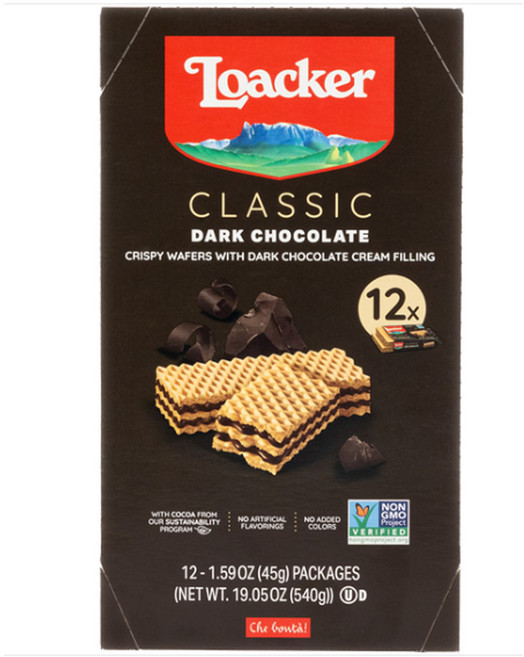 Loacker 클래식 다크 초콜릿 웨이퍼 - 다크 초콜릿 크림 필링이 있는 프리미엄 크리스피 웨이퍼 쿠키 - 스낵 팩 12개 멀티팩 - GMO 프리 - 지속 가능한 소스 코코아, Loacker 클래식 다크 초콜릿 웨이퍼 - 다크 초콜, 45g