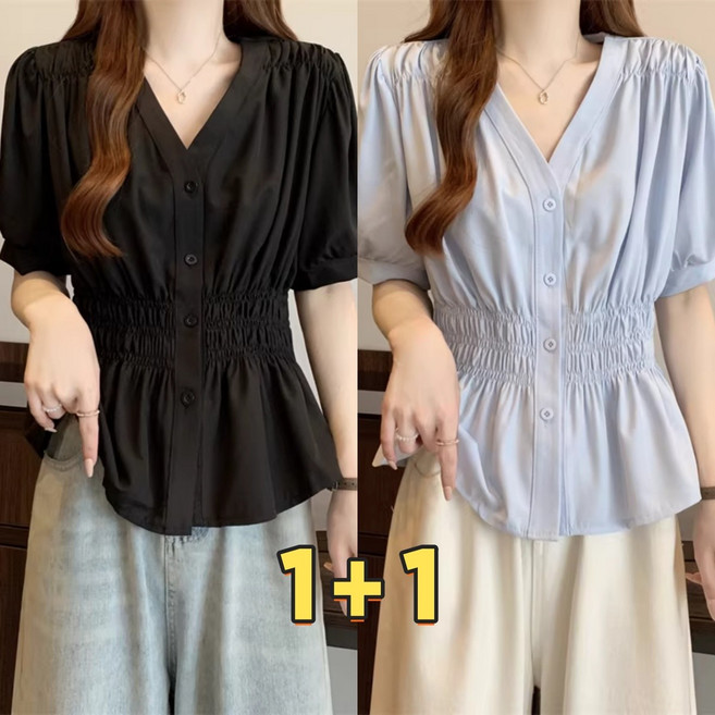1+1 여름 V넥 빅사이즈 반팔 블라우스 주름 허리조임 슬림핏 상의 라우스