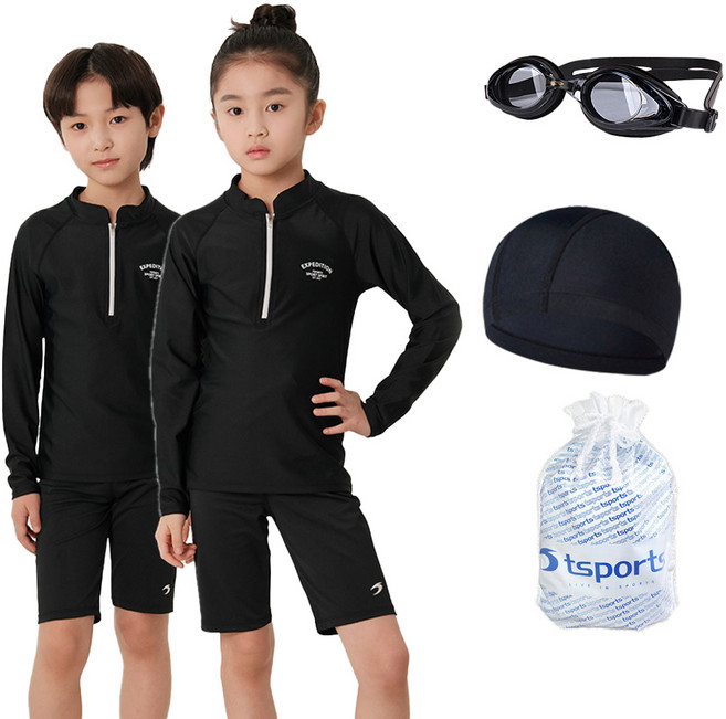 TS스포츠 남아 여아 공용 래쉬가드 5부 생존수영 국내제작 수영복 세트 반집업 긴팔