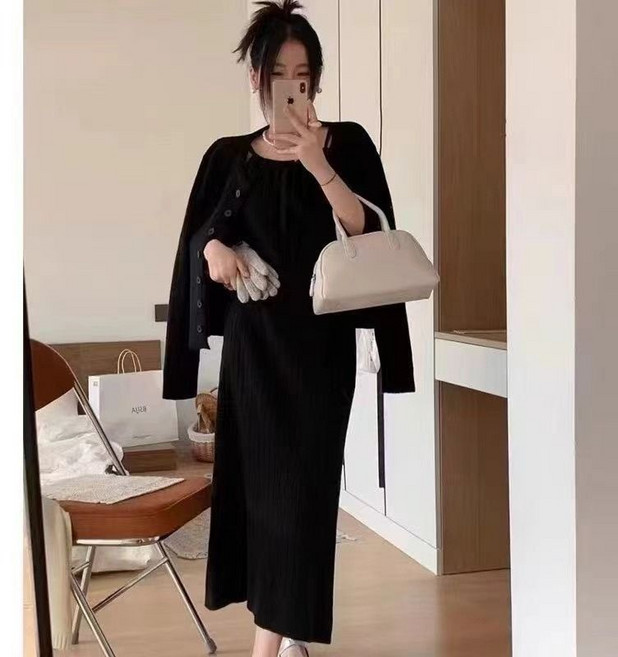 봄 가을 임산부 투피스 세트 패션 임부 나시 원피스 + 가디건 세트 프렌치 임산복 세트 QXX