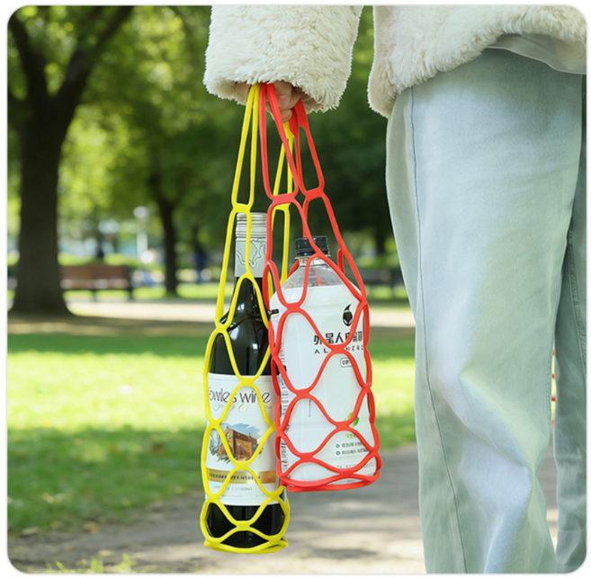 모어데이 실리콘 와인 캐리어 병가방 물병 손잡이 네트 스트랩 휴대용 장바구니 대체, 1개, 옐로우
