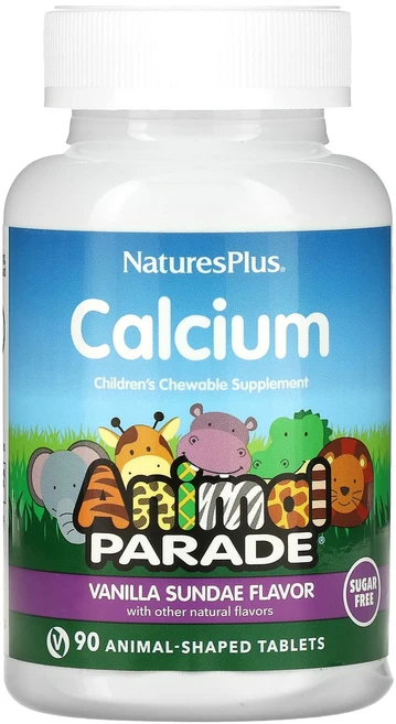 NaturesPlus Animal Parade 어린이용 츄어블 칼슘 보충제 바닐라 선데 맛 설탕 무함유 동물 모양 90정, 1개 - 쿠팡