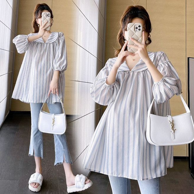 임산부 긴팔 티셔츠 봄 가을 캐주얼 러블리 칠부 소매 티셔츠 임부 스트라이프 셔츠 상의 YHY