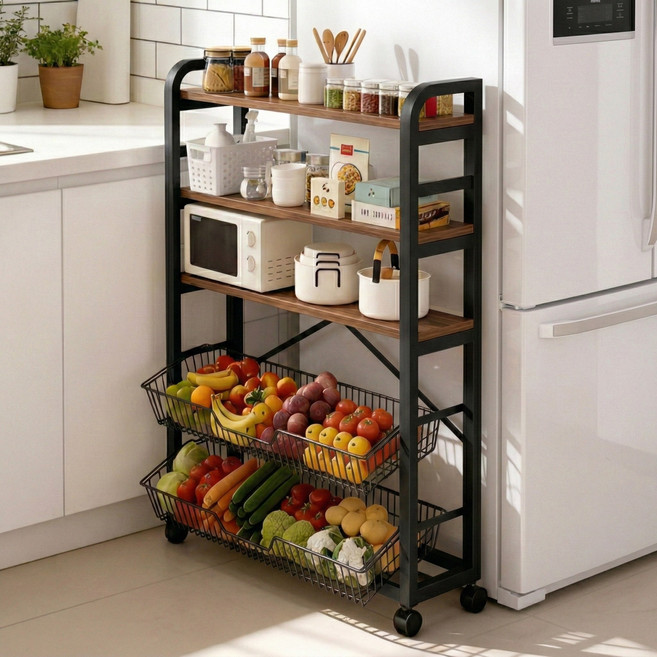 소프트엣지 이동식 렌지대 주방 수납장, 월넛+블랙 프레임, 3단