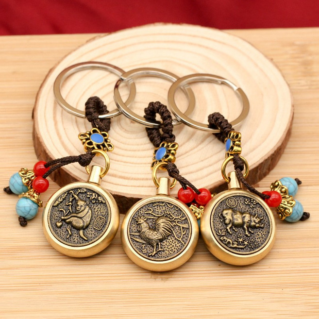 황동 복고 재물가져다주는 띠 회전 열쇠고리 악세서리 선물, 돼지, 1개