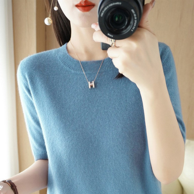 별하늘 여자 니트 반팔 스웨터 라운드 반팔티