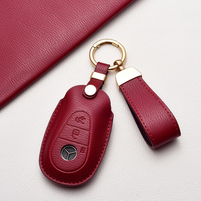 벤츠 전용 키 커버 천연 느낌의 부드러운 촉감 빈티지한 텍스처와 고급스러운 질감 (C클래스 E클래스 S클래스 AMG 등 모든 벤츠 차종 호환), 벤츠 C 타입, 진홍색