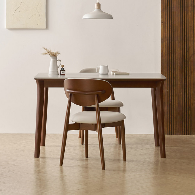 라로퍼니처 플레인 1250 포세린 통 세라믹 4인 고무나무 원목 식탁 세트, 식탁+의자2, 화이트