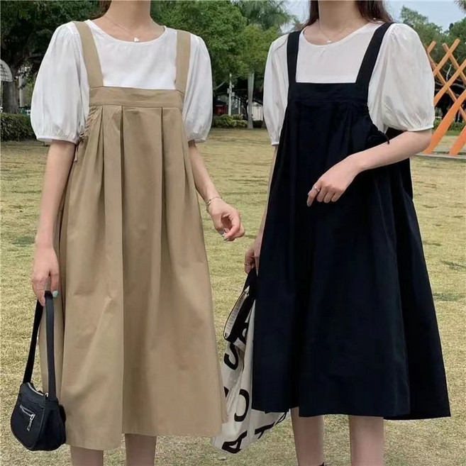 여성 학생 멜빵원피스 루즈핏 봄가을 멜빵 맥시 원피스 뷔스티에 끈 여름 상의