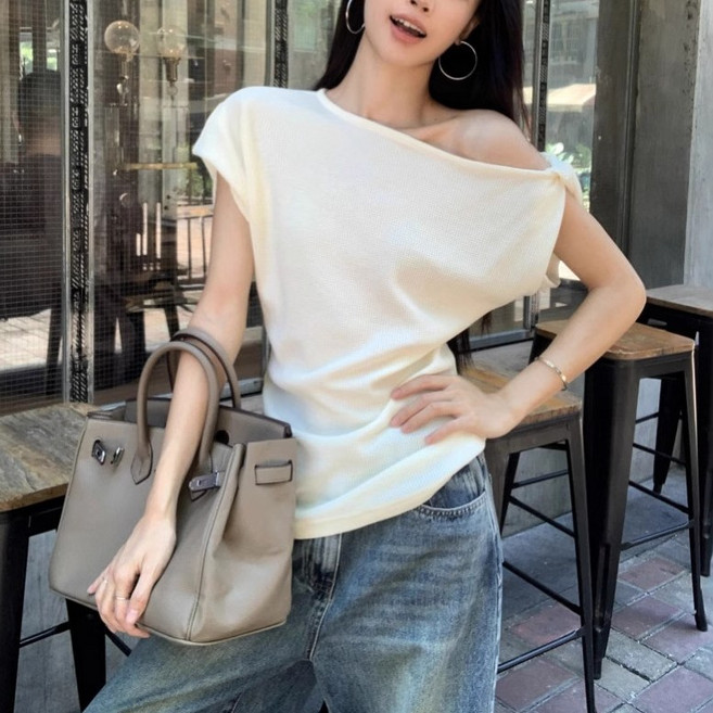 쁘띠꼬모 여성 오프숄더 언발 슬림 반팔 티셔츠 크롭티 N 542517