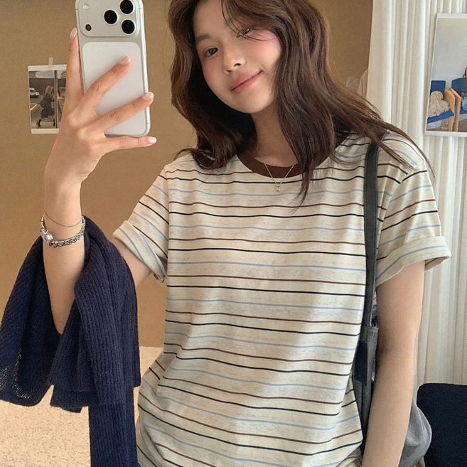 미사813 여성 여름 스트라이프 반팔 티셔츠 단가라 면 반팔티