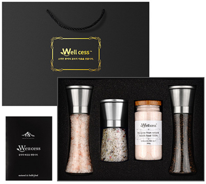 웰세스 WG-244SH 히말라야 핑크솔트240g 고운리필300g 허브솔트190g 블랙페퍼110g 그라인더 선물세트, 840g, 1개