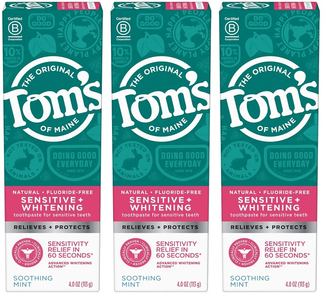 Tom's of Maine 톰스 센시티브 치약 3개 무불소 성분좋은 치약 수딩민트 불소프리 치약 개당 113g - 쿠팡