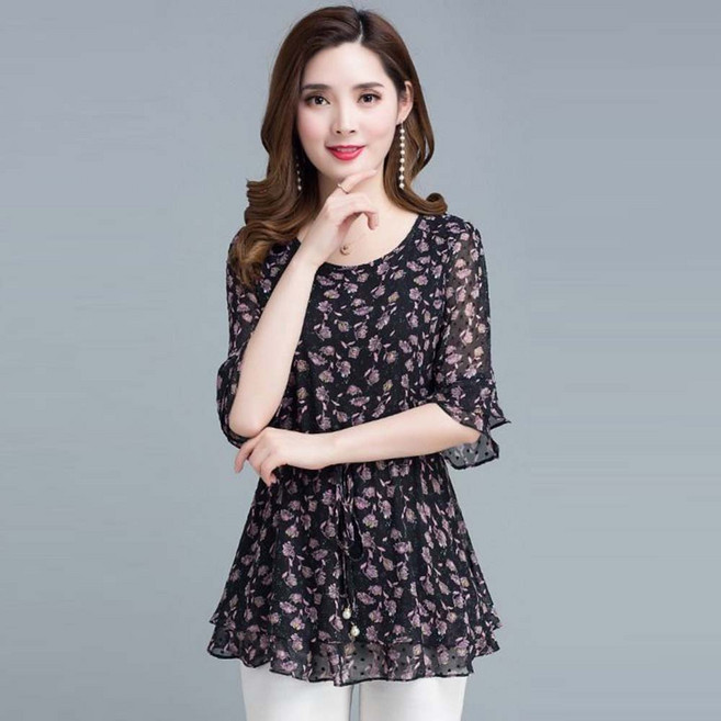 TKX 여성 꽃무늬 레이어드 쉬폰 블라우스 트임 소매 슬림핏 우아한 봄 여름 데일리 상의