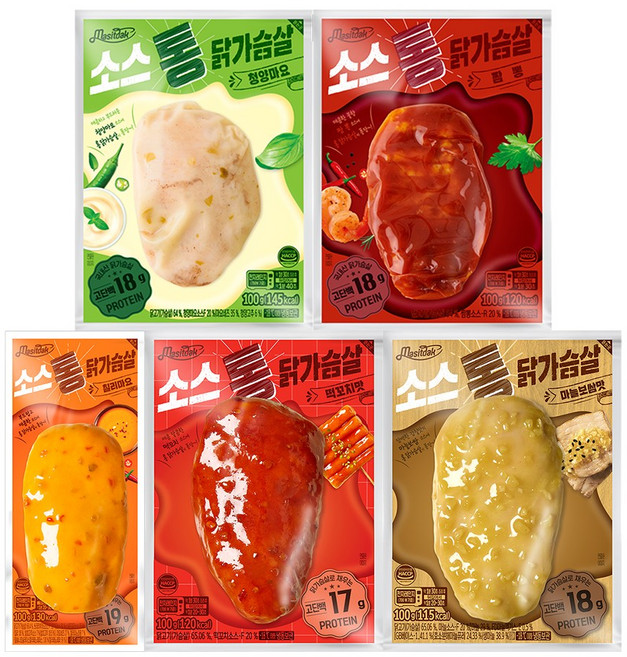 [랭킹닭컴] 맛있닭 소스 통 닭가슴살 5종 맛보기 세트 (칠리마요 청양마요 짬뽕 떡꼬치 마늘보쌈), 100g, 10개