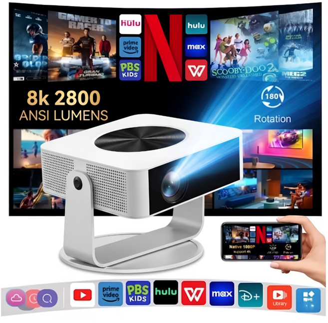 ALMAMA 8K 초고화질 빔프로젝트 2800안시루멘 유튜브 넷플 구글 디즈니 내장/삼각대+스크린+리모컨 홈시네마 가정용, 8K 화이트 빔 프로젝터