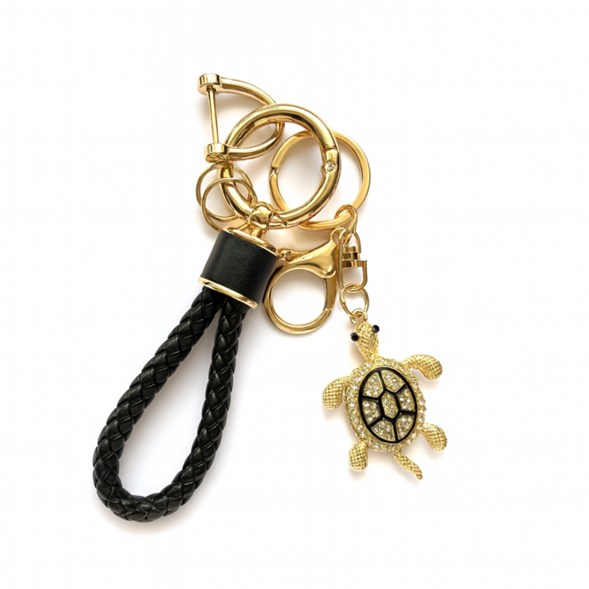 다은랜드 가죽 스트랩 장수 재운 행운의 상징 큐빅 골드거북이 키링, 블랙, 1개