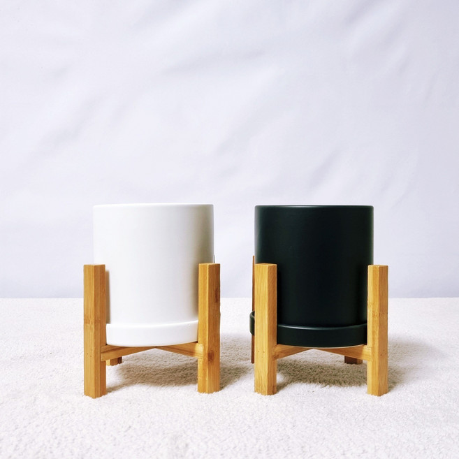 꽃피우는청년 소형 무광 원형 세라믹 화분 2p + 우드스탠드 2P 세트 (11x11cm), 화이트+블랙+우드스탠드x2, 1개