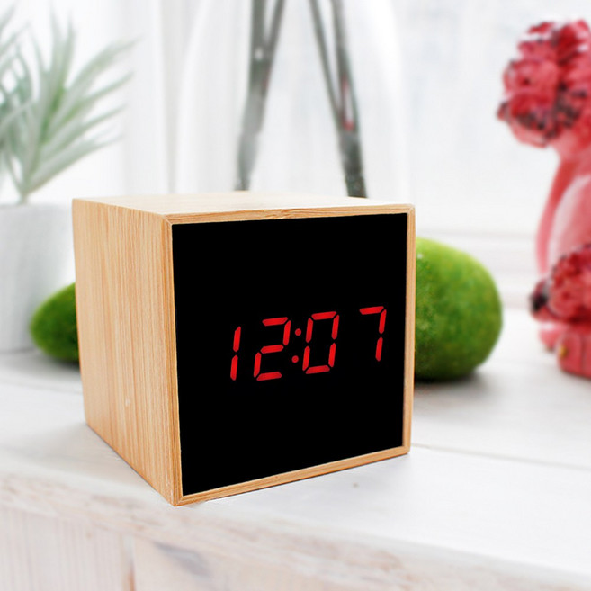 촘스토리 원목 큐브 LED 탁상시계, 레드