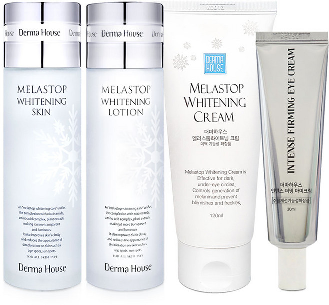 더마하우스 멜라스톱 화이트닝 대용량크림 4종 (미백스킨+미백로션+미백대용량크림+아이크림30ml) 미백기능성 잡티관리/눈가 목 입가주름/주름개선기능성, 1세트