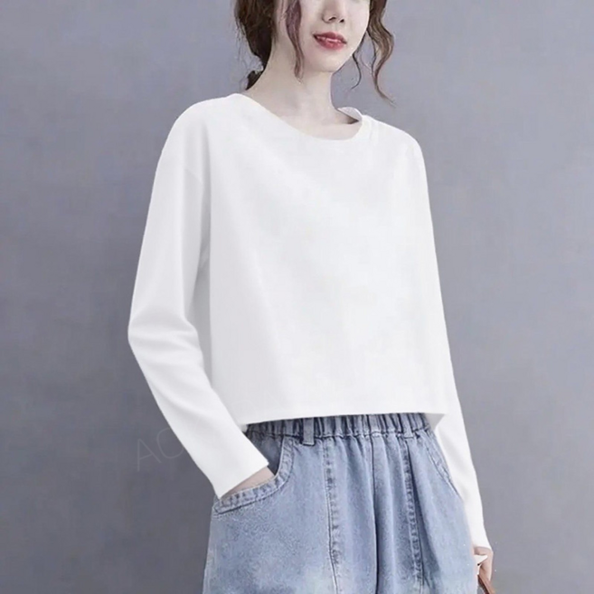 AOKADA 여성 봄 가을 루즈핏 라운드넥 크롭 긴팔 티셔츠 무지 이너티