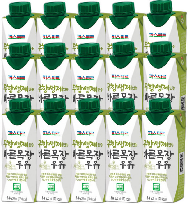파스퇴르 무항생제 인증 바른목장 우유, 250ml, 15개