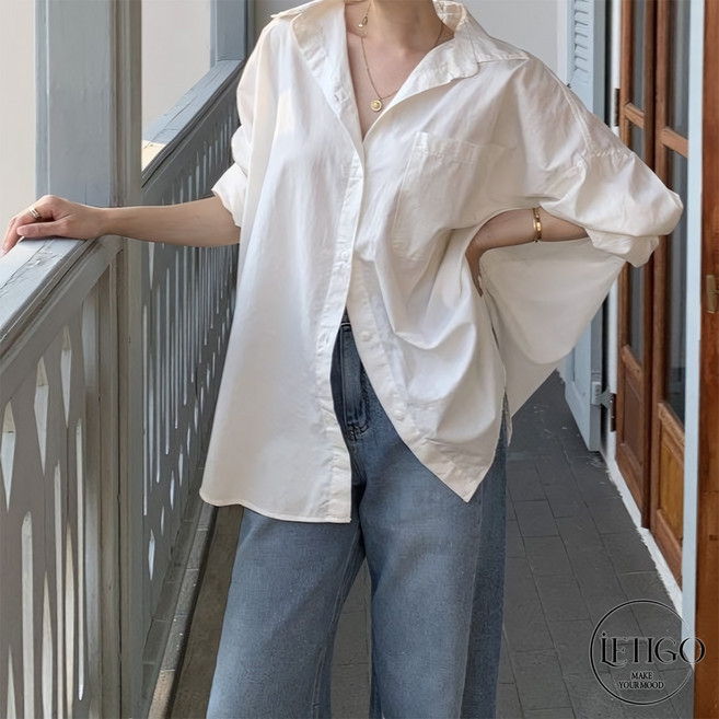 레티고 빅사이즈 무지 오버핏 캐주얼 빅포켓 롱기장 셔츠