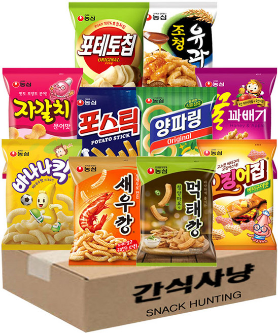 간식사냥 농심스낵 포테토칩+조청유과+자갈치+포스틱+양파링+꿀꽈배기+바나나킥+새우깡+먹태깡+오징어집, 1개