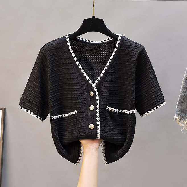 여성 여름 반팔 숏 가디건 브이넥 프리미엄 빈티지 캐주얼 루즈핏 레이어드 고급 데이트룩 슬림핏 베이직 크롭 니트