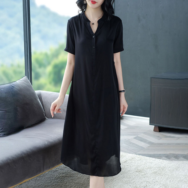 ORZQU 여름 중년 여성 캐주얼 브이넥 반팔 원피스 솔리드 루즈핏 미디 스커트 엄마옷