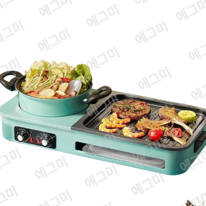 멀티 전기 바베큐 고기 그릴 냄비 2in1 가정용 전골, 그린 전골 그릴망 프라이팬, 기본 색상