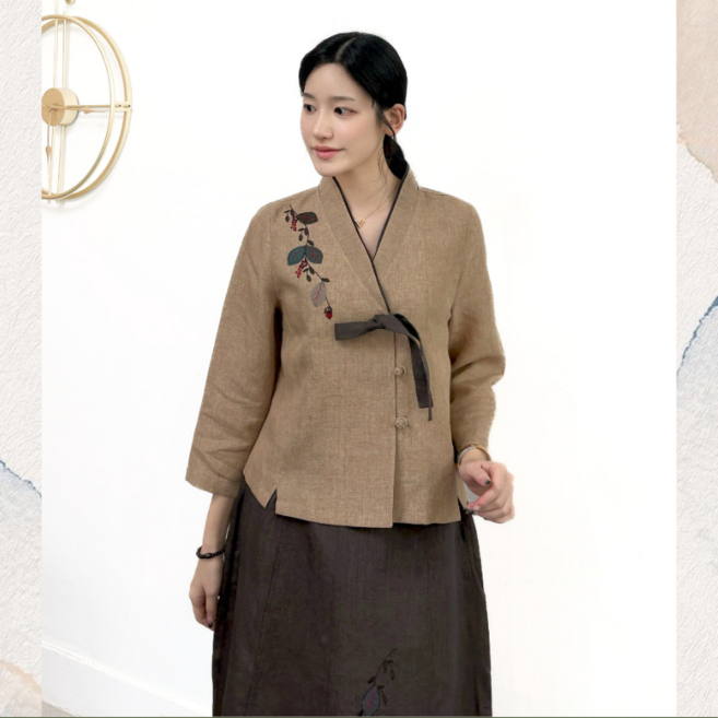 벨류아 여자생활한복 잎자수 저고리&치마 세트 절복 여름 개량 빅사이즈 린넨 2color