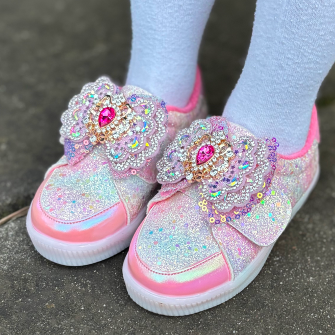 프롬베베 여아용 베라 글리터 리본 LED 여아 운동화