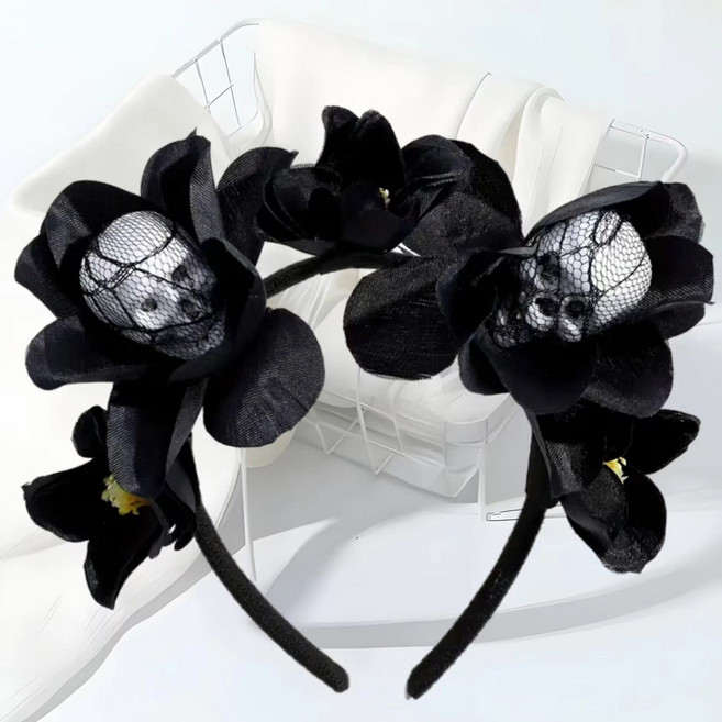 쿠이시 할로윈 파티 유령 호박 해골 악마 헤어밴드 코스프레 머리띠, 1개입, 해골 플라워 블랙