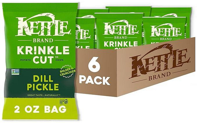 케틀브랜드 크링클 컷 딜 피클 감자칩 스낵백 57g 6개입 Kettle Brand Krinkle Cut Dill Pickle Chips 2oz 6ct, 400g, 1개