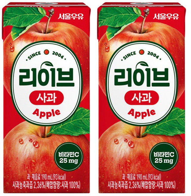 서울우유 리이브 사과 주스, 190ml, 2개