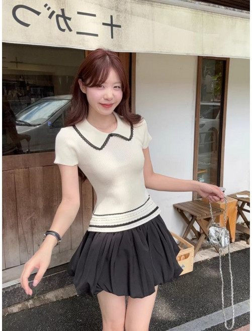 韓系撞色娃娃領短袖T恤女夏季氣質修身顯瘦上衣