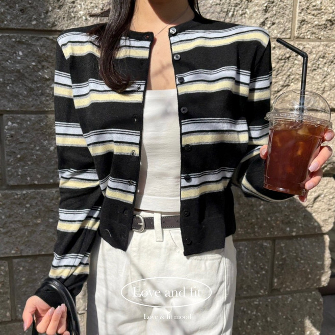 여성 줄무늬 배색 스트라이프 단가라 니트 가디건 2Color