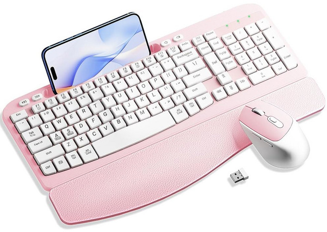 무선 키보드 및 마우스 콤보 웨이브 사일런트 노트북 Windows 키 세트(블랙) 6 플램 마우스 휴대폰 홀더 PC 인체공학적 키보드 버튼 컴퓨터 2.4GHz 받침대, 핑크